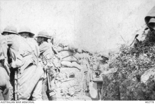 Normal 9th light horse members of the 9th australian light horse regiment standing to in the trenches at russells top gallipoli turkey.