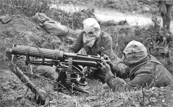 Normal vickers machine gun crew with gas masks